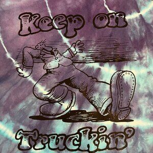 VTG 90s KEEP ON TRUCKIN'  T SHIRT  ROBERT CRUMB ARTIST HIPPIE TIE DYE LARGE